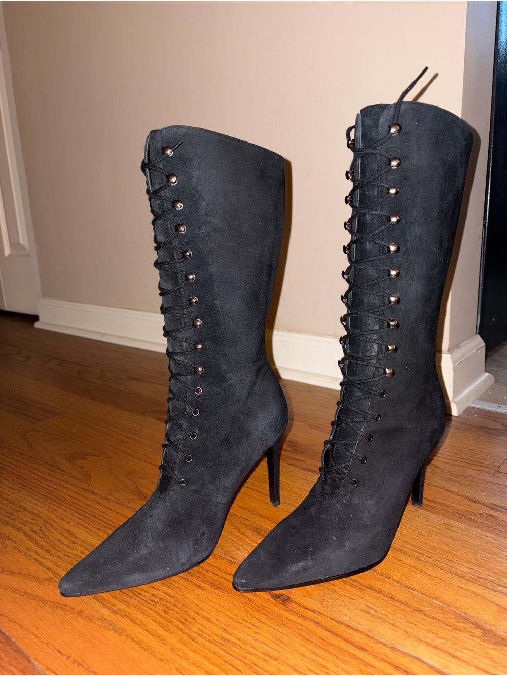 Newport News Black Lace-Up Knee-High Pointed-Toe Stiletto Boots